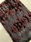 Hot Rod Tricot Holographic 4 Way Spandex With Black Flocking Flames And Red Glitter Fabric-