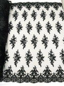 FLORAL DAMASK BEADED LACE ON MESH FABRIC (By The Yard)