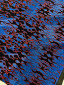 Hot Rod Tricot Holographic 4 Way Spandex With Black Flocking Flames And Red Glitter Fabric-