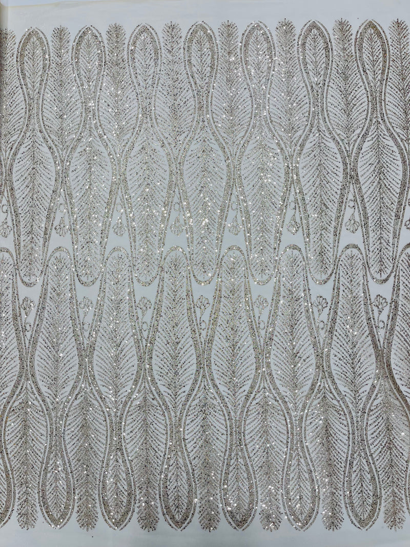 GLITTER FEATHER DAMASK DESIGN MESH LACE FABRIC (By The Yard)