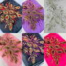 Peacock feathers multi color embroider with shiny sequins on a White mesh-nightgown-sold by 2 panels.