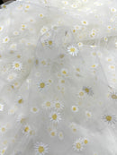Ivory/Yellow Daisy flowers embroidered lace fabric, delicate floral embroidery, soft off white mesh and designer fashion