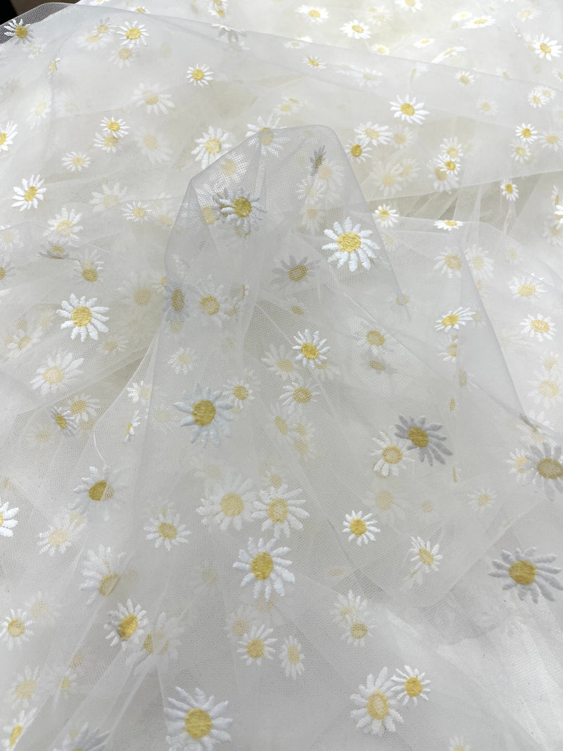 Ivory/Yellow Daisy flowers embroidered lace fabric, delicate floral embroidery, soft off white mesh and designer fashion