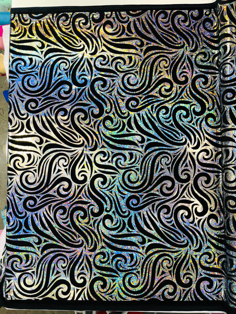 Holographic Foil Tribal Flame Design On A Stretch Velvet  Fabric. By The Yard