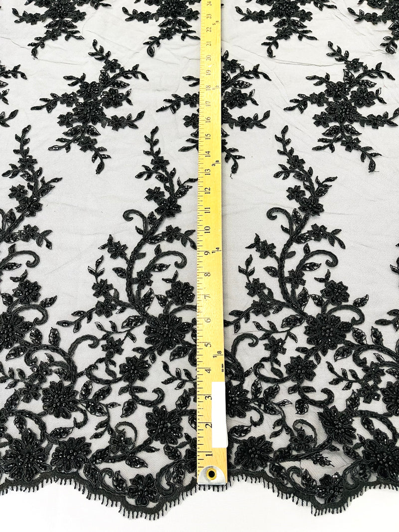 BIG FLORAL DAMASK BEADED MESH LACE FABRIC (By The Yard)