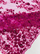 3D floral design embroider and beaded with rhinestones on a mesh lace prom/wedding/sold by yard.