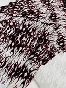 Hot Rod Tricot Holographic 4 Way Spandex With Black Flocking Flames And Red Glitter Fabric-