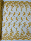 BIG FLORAL DAMASK BEADED MESH LACE FABRIC (By The Yard)