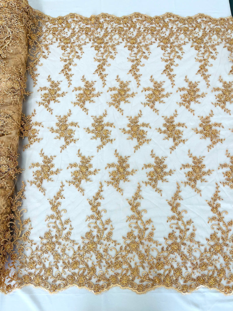 BIG FLORAL DAMASK BEADED MESH LACE FABRIC (By The Yard)