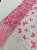 3D BEADED BUTTERFLY LACE ON A MESH FABRIC (By The Yard)