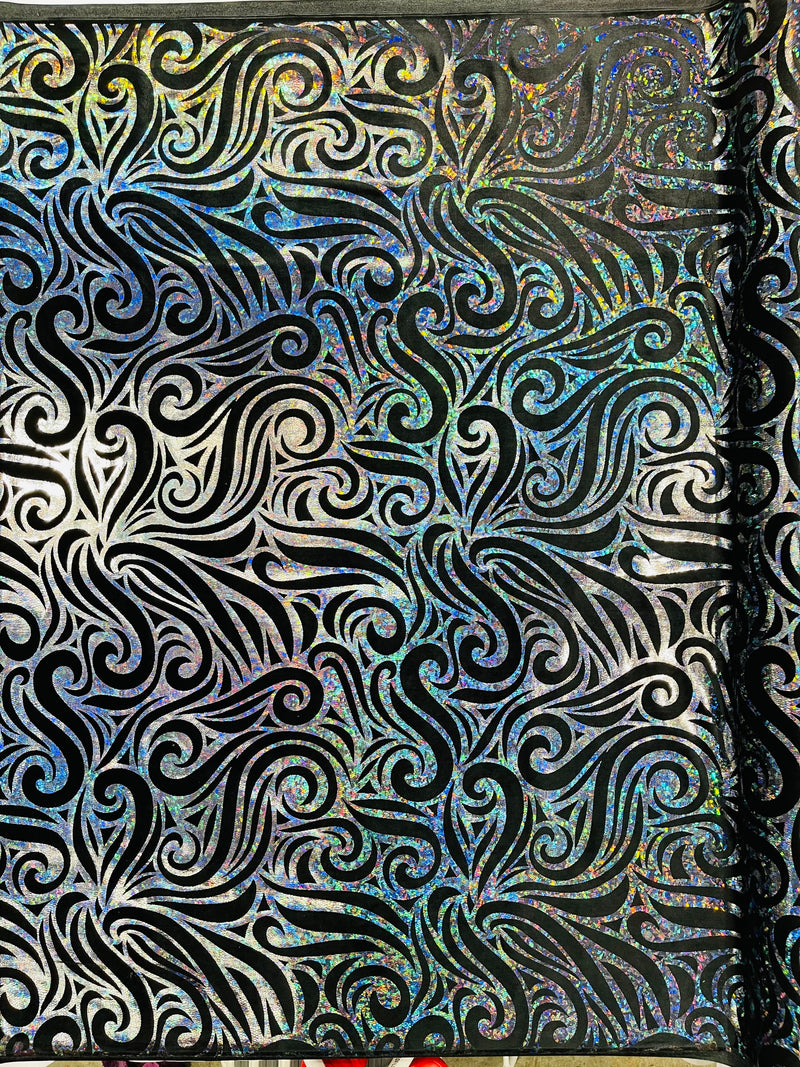 Holographic Foil Tribal Flame Design On A Stretch Velvet  Fabric. By The Yard