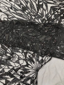 GEOMETRIC BEADED DESIGN ON A MESH LACE FABRIC (By The Yard)