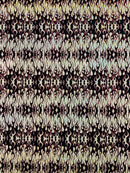 Hot Rod Tricot Holographic 4 Way Spandex With Black Flocking Flames And Red Glitter Fabric-