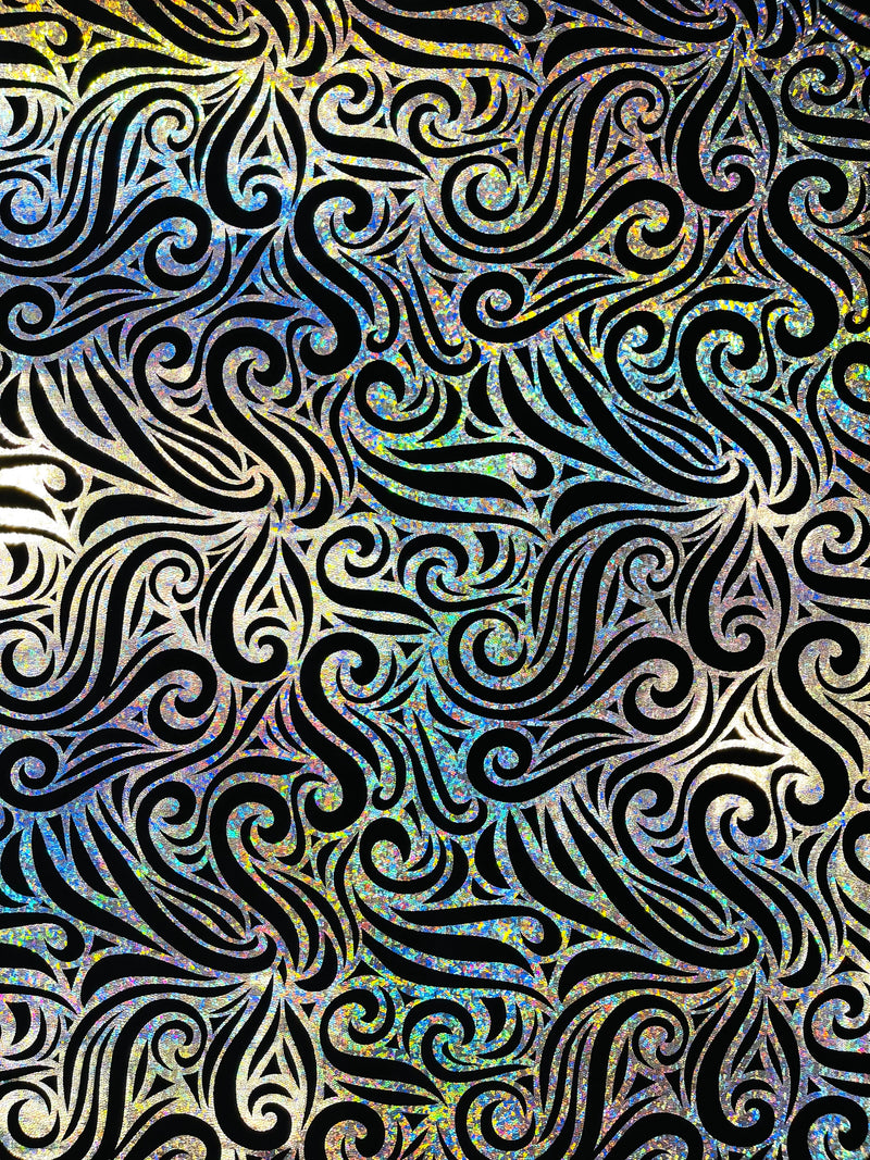 Holographic Foil Tribal Flame Design On A Stretch Velvet  Fabric. By The Yard