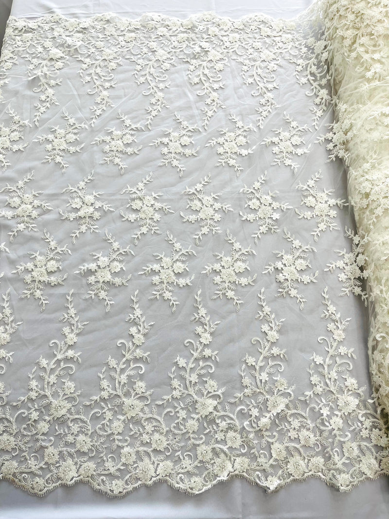 BIG FLORAL DAMASK BEADED MESH LACE FABRIC (By The Yard)