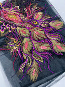Peacock feathers multi color embroider with shiny sequins on a White mesh-nightgown-sold by 2 panels.