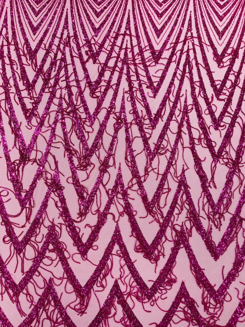 GEOMETRIC BEADED FRINGE DESIGN ON A MESH FABRIC (By The Yard)