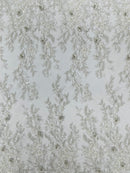 3D floral design embroider and beaded with rhinestones on a mesh lace prom/wedding/sold by yard.