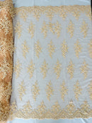 FLORAL DAMASK BEADED LACE ON MESH FABRIC (By The Yard)