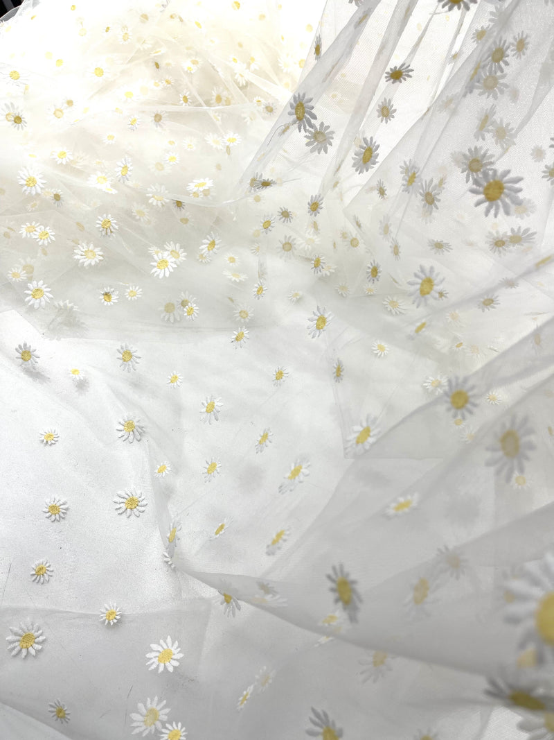 Ivory/Yellow Daisy flowers embroidered lace fabric, delicate floral embroidery, soft off white mesh and designer fashion