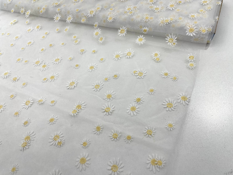 Ivory/Yellow Daisy flowers embroidered lace fabric, delicate floral embroidery, soft off white mesh and designer fashion