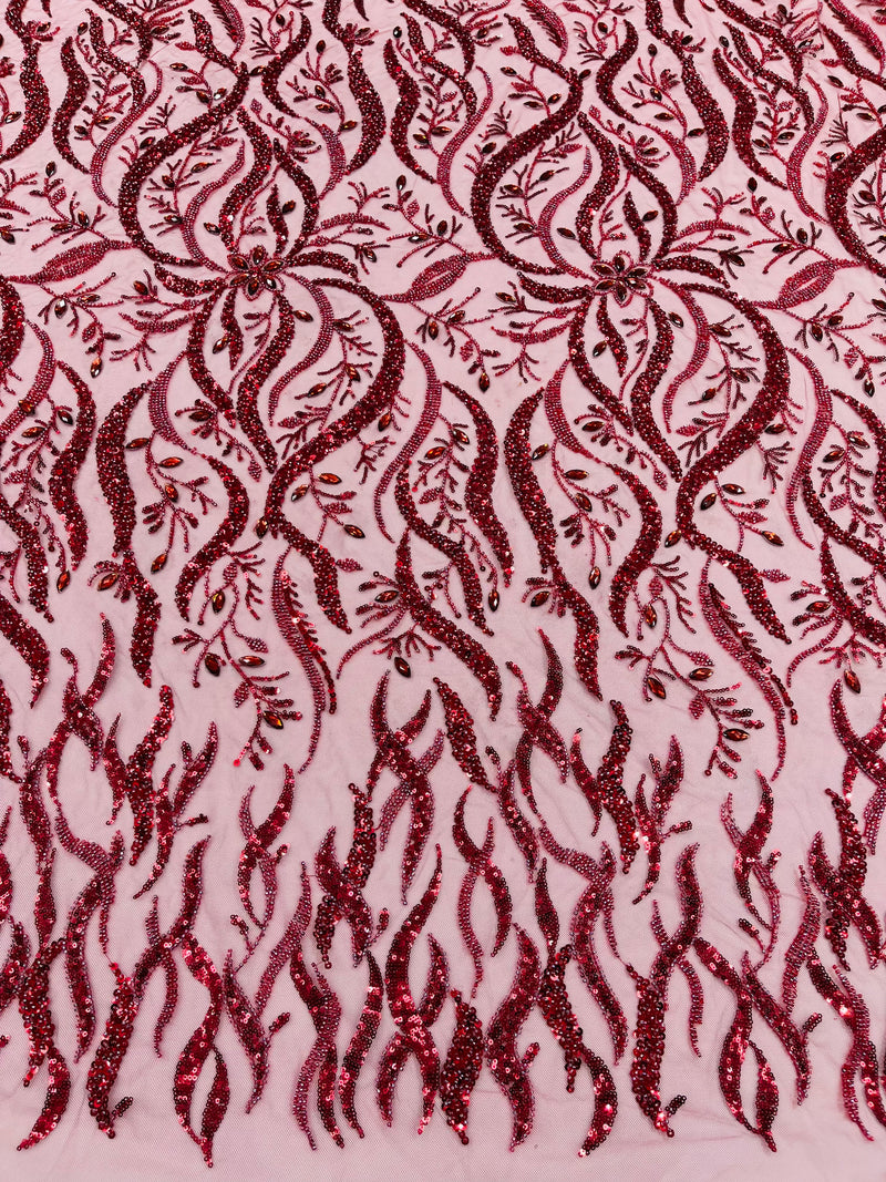 JEWEL VINE BEADED LACE ON MESH FABRIC (By The Yard)