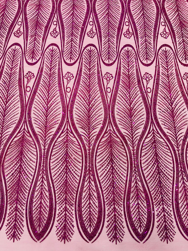 GLITTER FEATHER DAMASK DESIGN MESH LACE FABRIC (By The Yard)