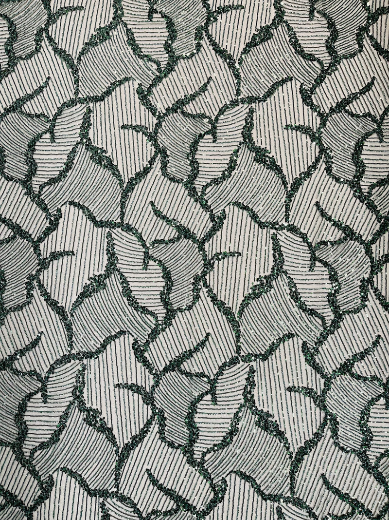 HEAVY BEADED LEAF DESIGN ON A MESH FABRIC (By The Yard)