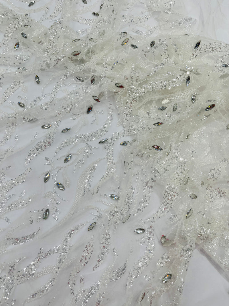 JEWEL VINE BEADED LACE ON MESH FABRIC (By The Yard)