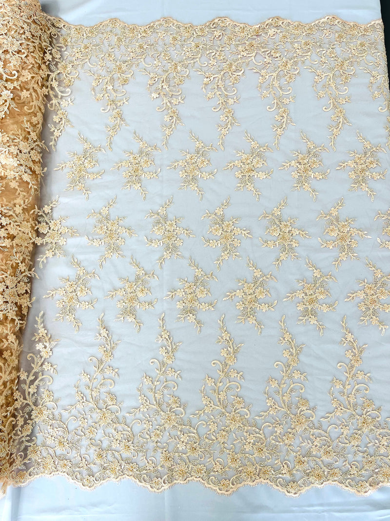 BIG FLORAL DAMASK BEADED MESH LACE FABRIC (By The Yard)