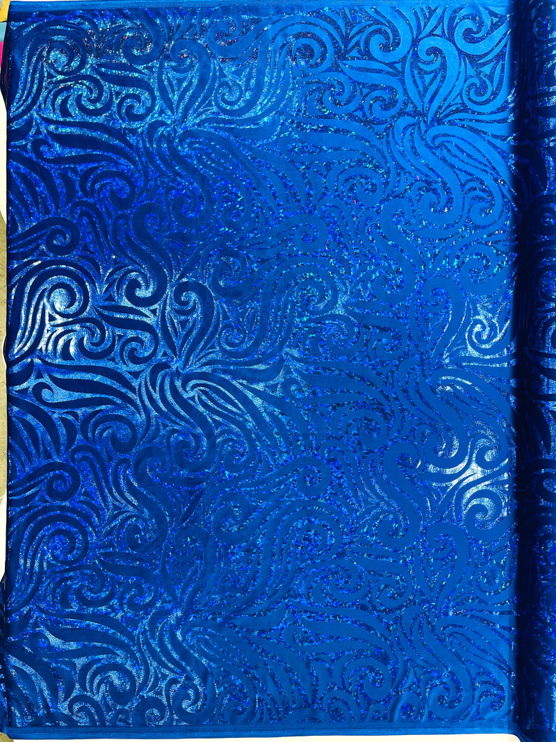 Holographic Foil Tribal Flame Design On A Stretch Velvet  Fabric. By The Yard