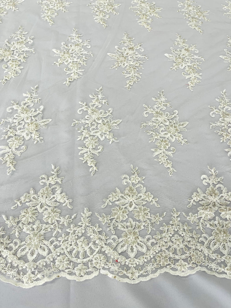 FLORAL DAMASK BEADED LACE ON MESH FABRIC (By The Yard)