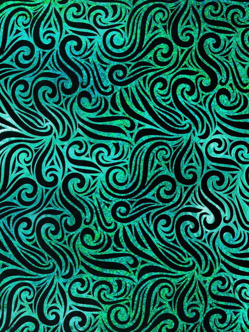 Holographic Foil Tribal Flame Design On A Stretch Velvet  Fabric. By The Yard