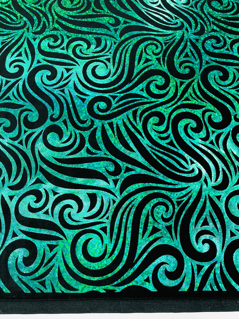 Holographic Foil Tribal Flame Design On A Stretch Velvet  Fabric. By The Yard