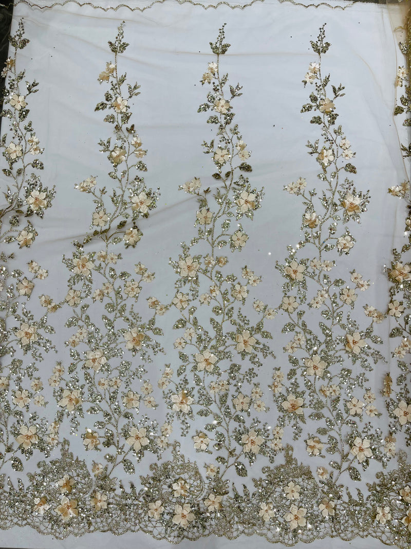 Princess Glitter 3d floral design embroidery with pearls in a mesh lace-sold by the yard.