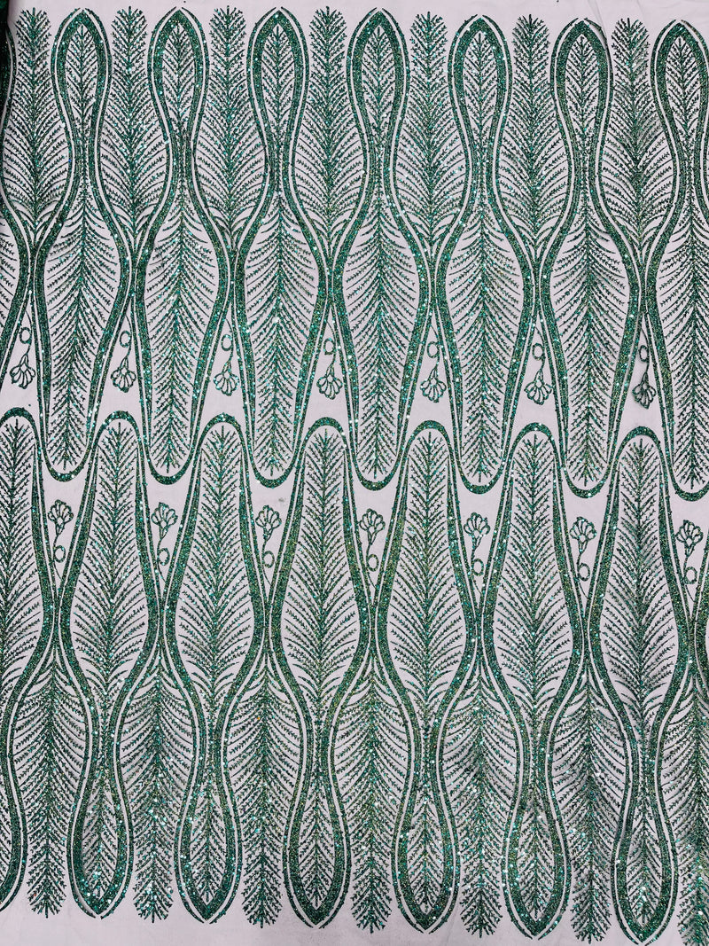 GLITTER FEATHER DAMASK DESIGN MESH LACE FABRIC (By The Yard)