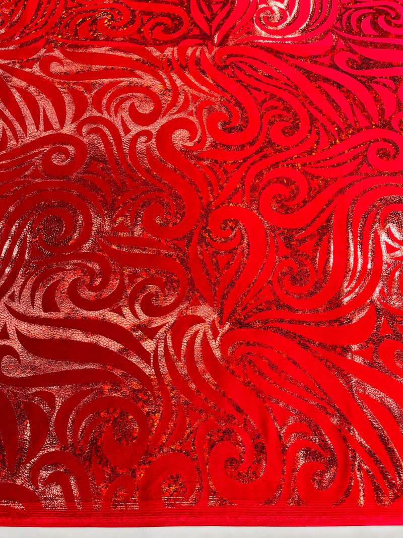 Holographic Foil Tribal Flame Design On A Stretch Velvet  Fabric. By The Yard