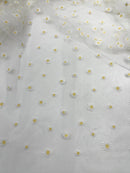 Ivory/Yellow Daisy flowers embroidered lace fabric, delicate floral embroidery, soft off white mesh and designer fashion