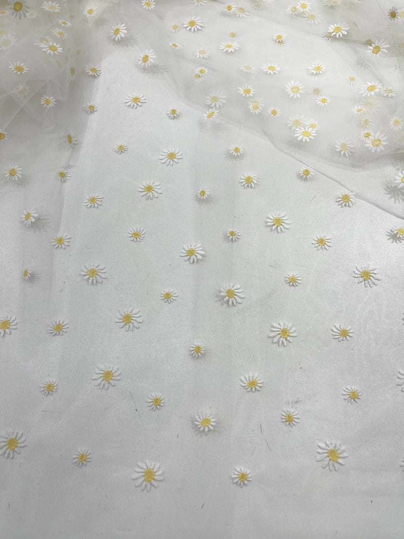 Ivory/Yellow Daisy flowers embroidered lace fabric, delicate floral embroidery, soft off white mesh and designer fashion