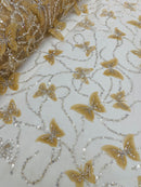 3D BEADED BUTTERFLY LACE ON A MESH FABRIC (By The Yard)