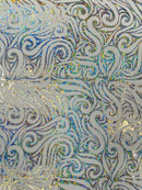 Holographic Foil Tribal Flame Design On A Stretch Velvet  Fabric. By The Yard