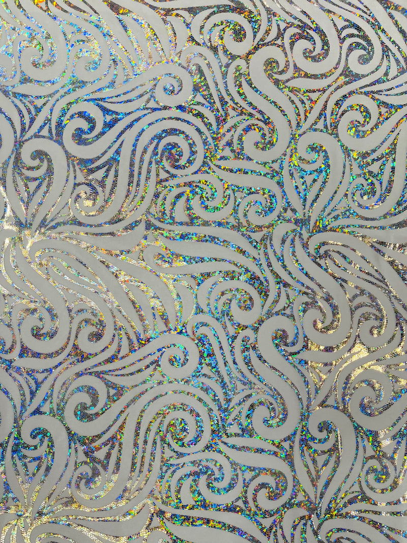 Holographic Foil Tribal Flame Design On A Stretch Velvet  Fabric. By The Yard