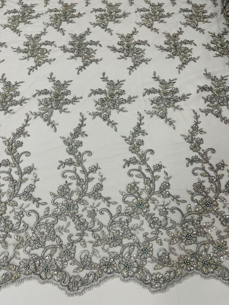 BIG FLORAL DAMASK BEADED MESH LACE FABRIC (By The Yard)