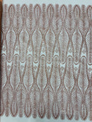 GLITTER FEATHER DAMASK DESIGN MESH LACE FABRIC (By The Yard)