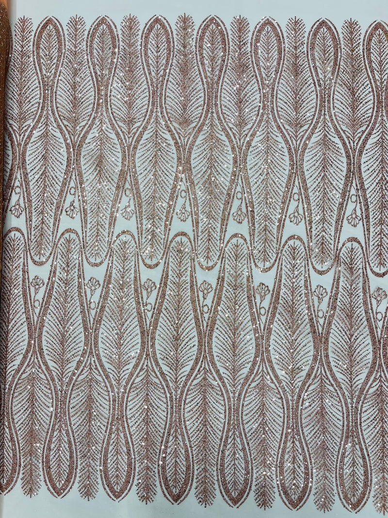 GLITTER FEATHER DAMASK DESIGN MESH LACE FABRIC (By The Yard)