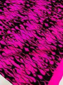 Hot Rod Tricot Holographic 4 Way Spandex With Black Flocking Flames And Red Glitter Fabric-