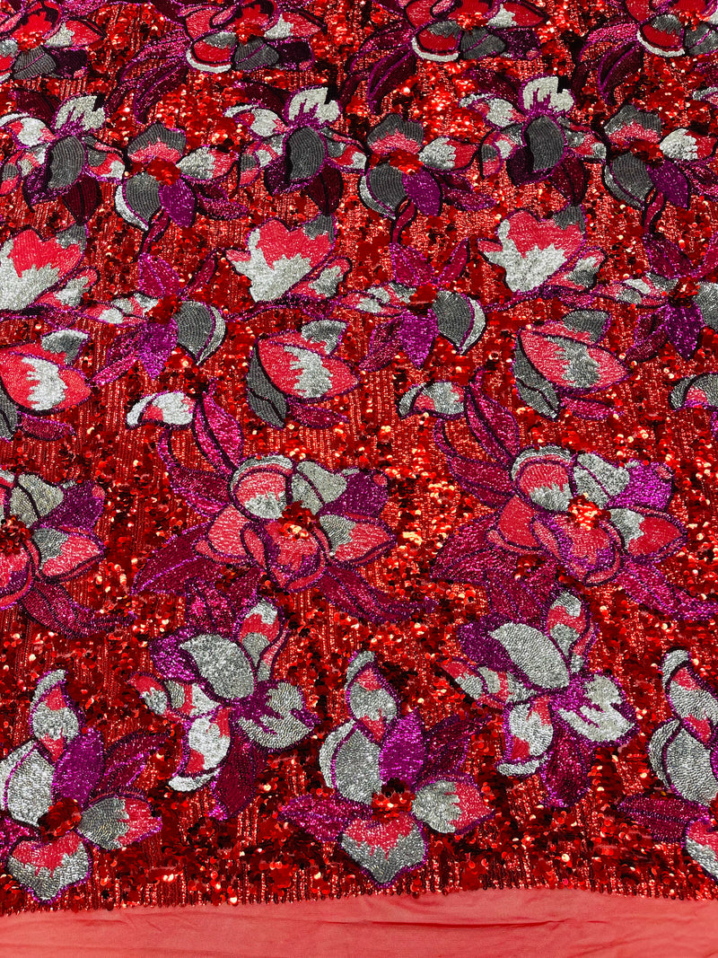 Tulipán multi color floral heavy sequin design embroidered on a 4 way stretch mesh Fabric-prom.