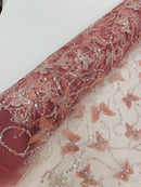 3D BEADED BUTTERFLY LACE ON A MESH FABRIC (By The Yard)