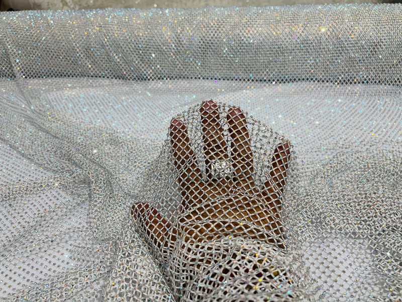Silver on White Fish Net Fabric Soft Stretch 45" Wide AB Iridescent Rhinestones-sold by The Yard.