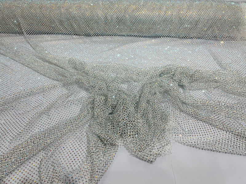 Silver on White Fish Net Fabric Soft Stretch 45" Wide AB Iridescent Rhinestones-sold by The Yard.